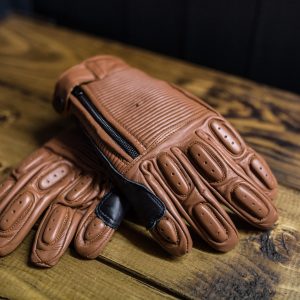 Brown ribbed leather motorcycle gloves