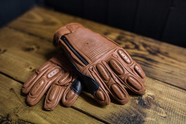 Brown ribbed leather motorcycle gloves